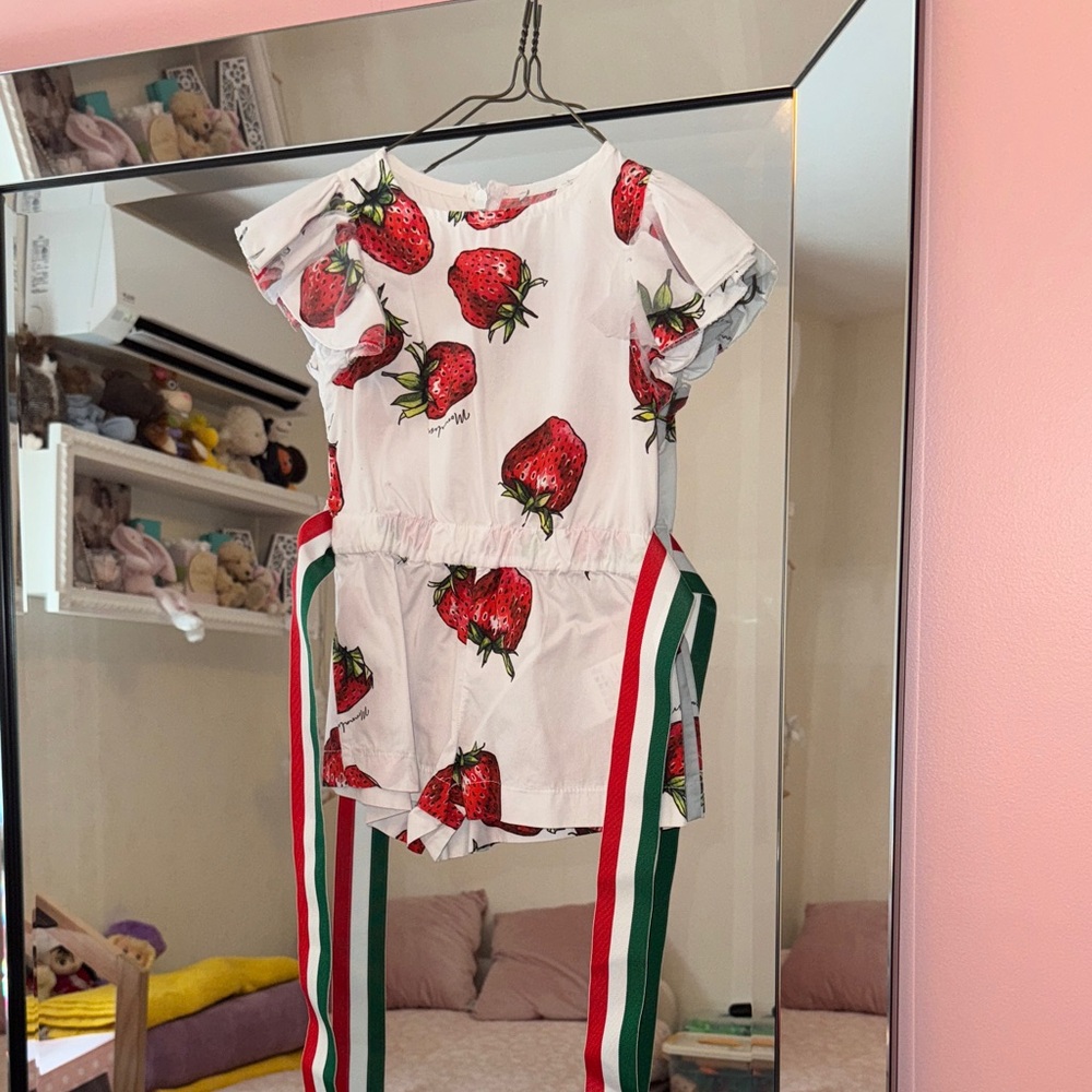 MonnaLisa White Romper with Strawberry Print and Striped Belt